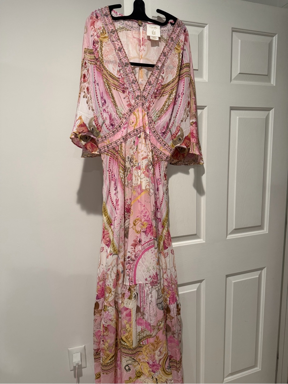 Camilla Embellished Silk Maxi Dress - Baroque Floral Crystal Kaftan Gown - Sz L